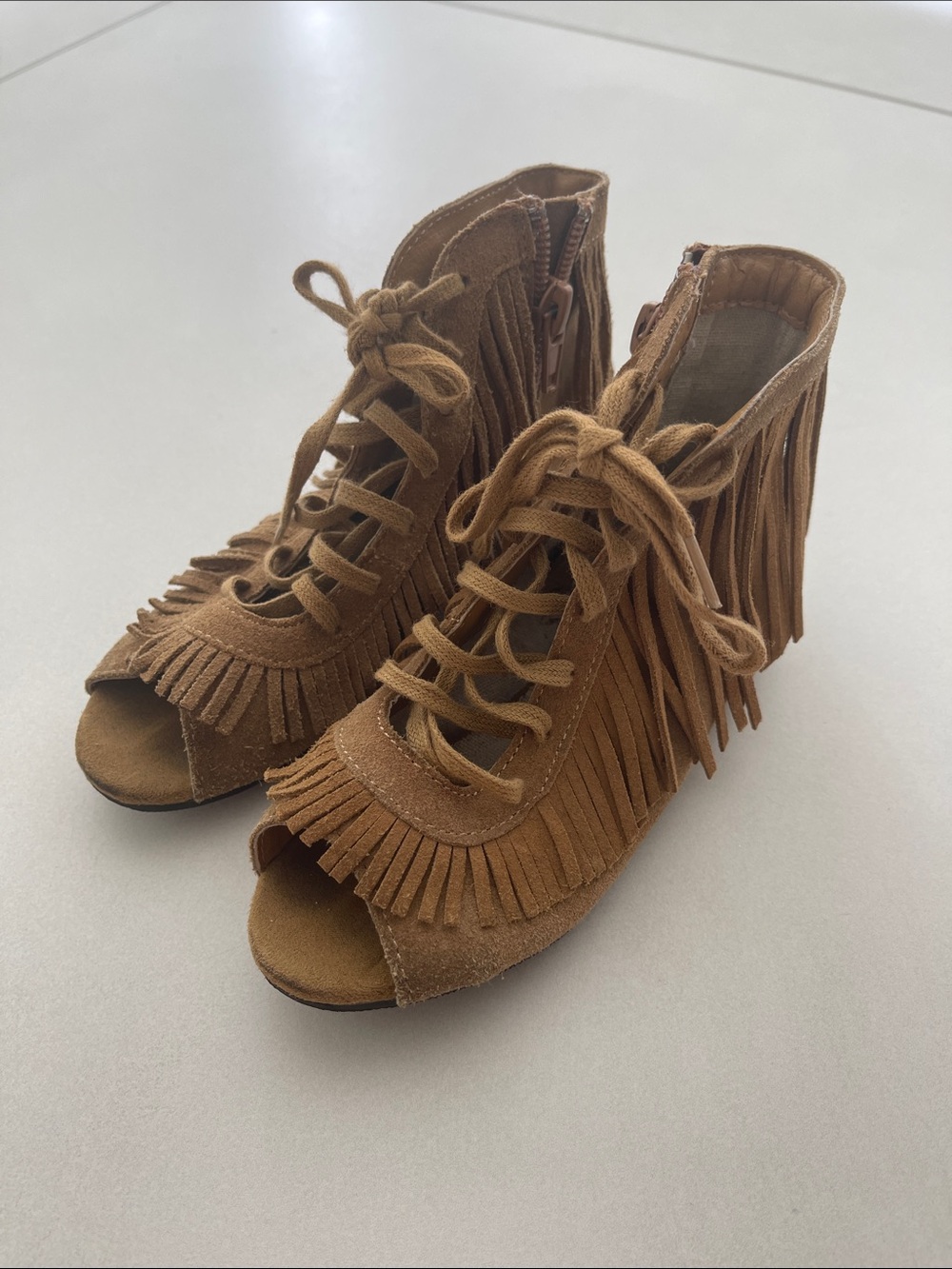 Joyfolie Brown Suede Fringe Peep Toe Lace-Up Ankle Boots